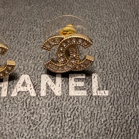 Chanel Gold Metal and Silver Crystal Mini Tiny Classic Stud Earrings - Picture 6 of 10